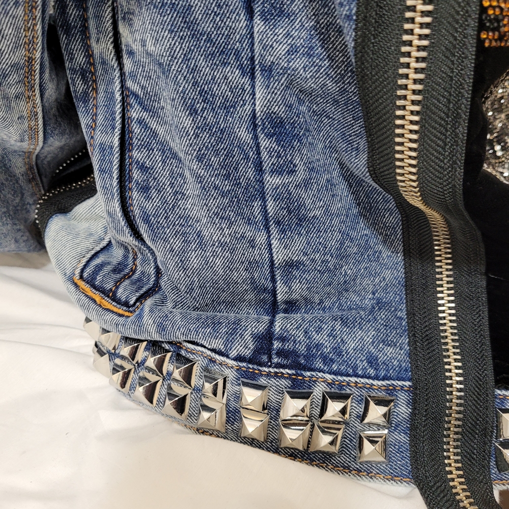 Cult Individuality  Biker Jean Jacket With Rhinestoned Skull & Studded  XL $499 - Picture 11 of 12